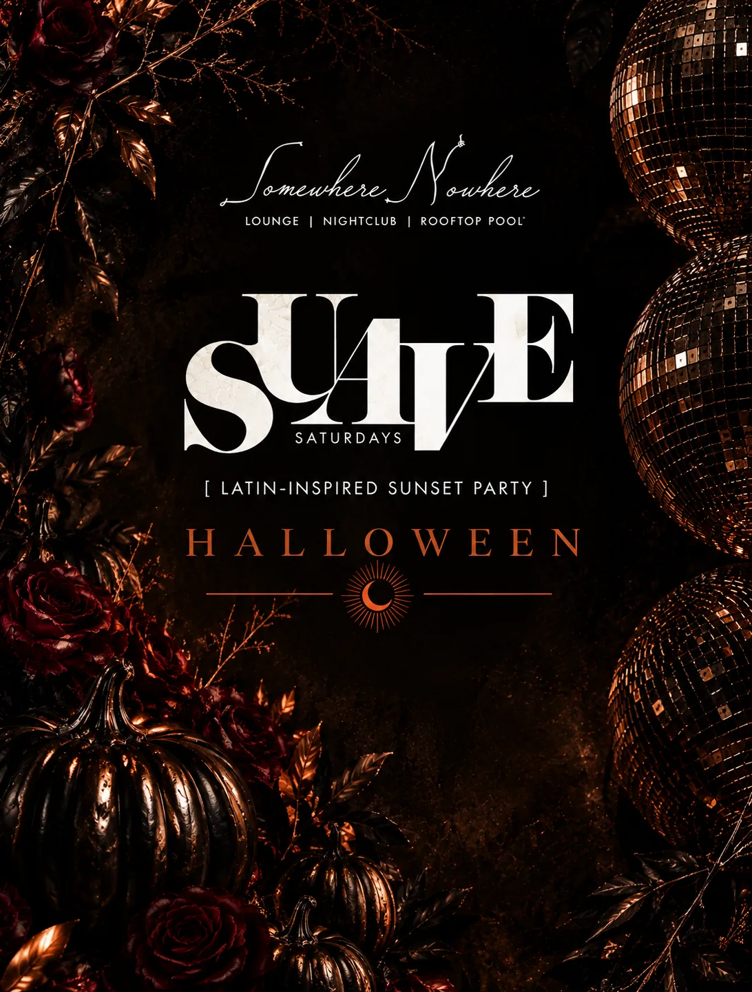 Suave Saturdays Halloween NYC rooftop party flyer at Somewhere Nowhere